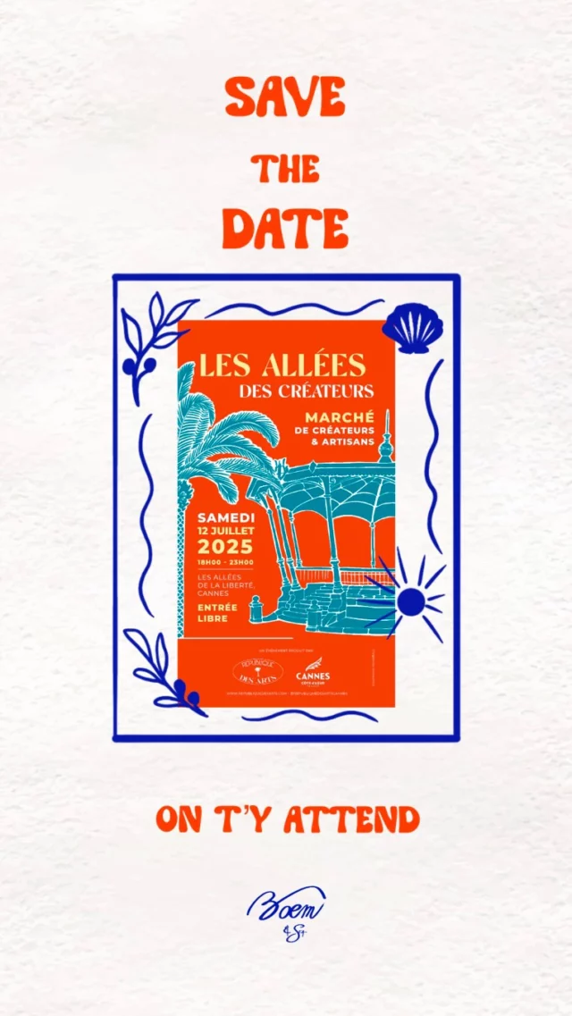 Le 12 juillet, rendez-vous « Aux Allées de la Liberté » , à CANNES pour une nocturne créative ✨

📍 Les Allées des Créateurs
🗓 Samedi 12 juillet | 18h - 23h

ENTRÉE LIBRE 💙

J’y serai avec mes nouvelles illustrations, tout juste sorties de l’atelier :
💙 les Femmes Vagues 🌊
💌 les Mots Doux

Une belle occasion de plonger dans mon univers bleu, inspiré par la mer, les symboles, et la douceur du Sud.

Et ce n’est pas tout…  @republiquedesartscannes organise un concours :
🎁 Un bon d’achat à gagner à utiliser le soir même auprès de ton·ta créateur·rice préféré·e ! Tout est expliqué sur leur compte. 

Viens flâner, découvrir, échanger, t’inspirer… et peut-être repartir avec un petit trésor 🌊✨
Événement organisé par l’association @republiquedesartscannes et @villecannes 
.
.
.
#BoēmAndSea #LesAlléesDesCréateurs #Cannes #RépubliqueDesArts #MarchéDeCréateurs #FemmesVagues #MotsDoux #IllustrationMéditerranéenne #SaveTheDate #boemandsea #summer